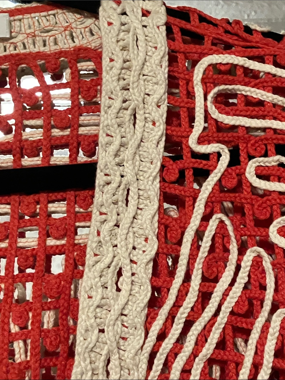 Chico's Red Crochet Open Cardigan with Cream Trim - Picture 4 of 5